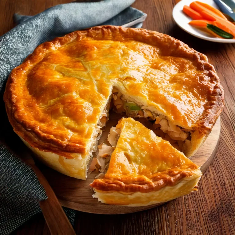 Un plat de poulet en pâte doré, avec une croûte bien cuite et décorée.
