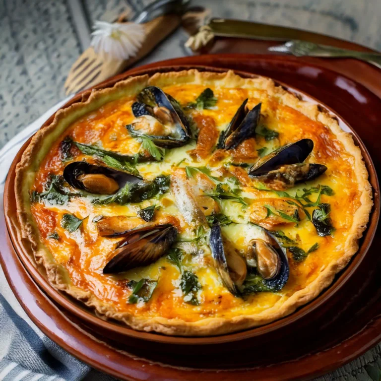 Quiche aux moules avec crevettes, champignons et une pâte brisée dorée, idéale pour un repas léger et savoureux.