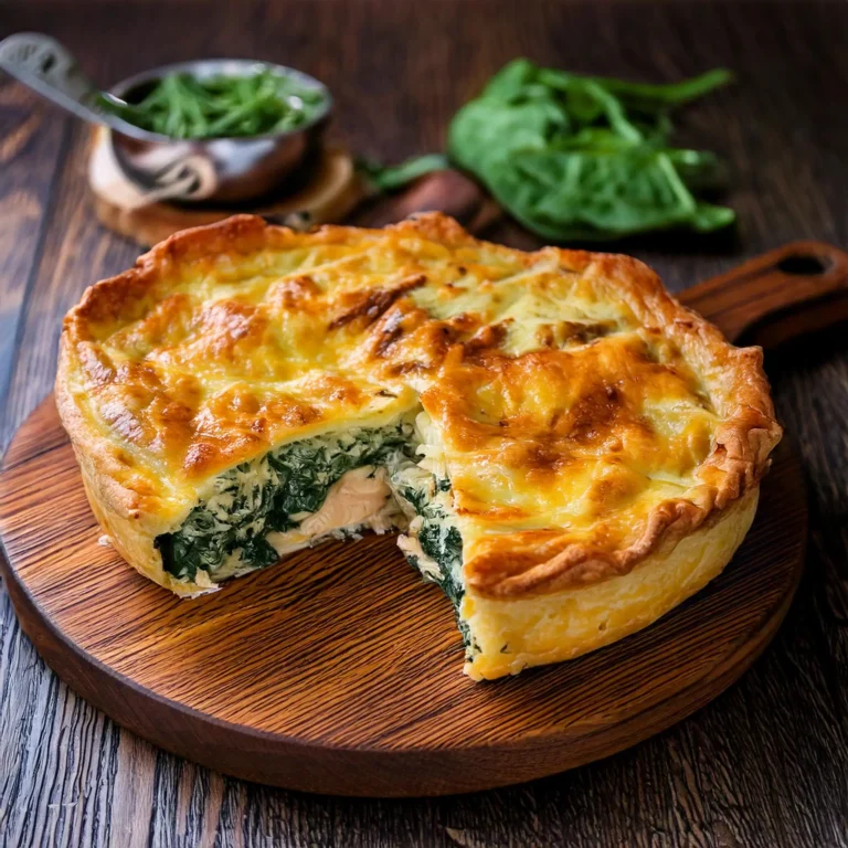 Tourte dorée et croustillante avec une garniture de colin et d'épinards, prête à être dégustée.
