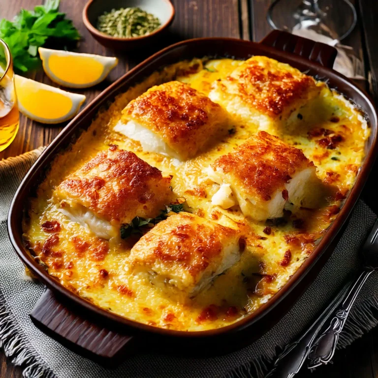 Plat de cabillaud au gratin, garni de crevettes, saupoudré de fromage râpé et prêt à être servi après la cuisson au four.