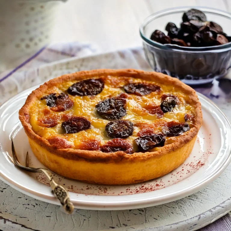 Quiche dorée aux pruneaux et poitrine fumée, avec une pâte brisée légère et une garniture crémeuse.