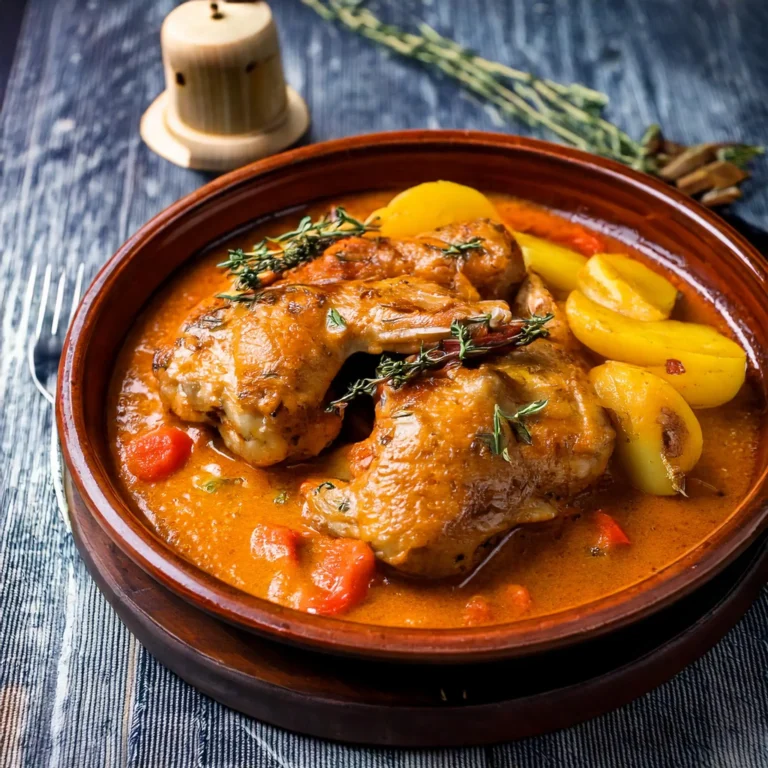 Lapin à l'ail mijoté dans une cocotte, avec une sauce onctueuse et des gousses d'ail entières, prêt à être servi