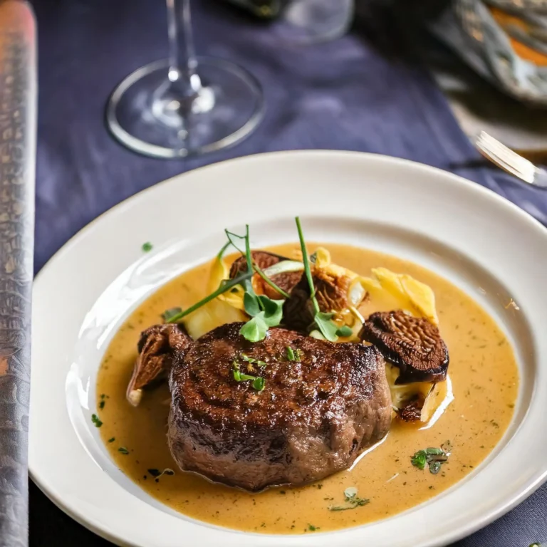 Chateaubriands aux morilles avec une sauce crémeuse, accompagnée de légumes, sur une assiette élégante pour un repas gastronomique.