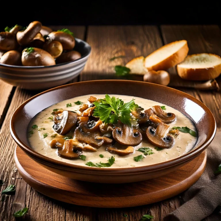 Salade de champignons à la crème avec une vinaigrette crémeuse, garnie de ciboulette et cerfeuil frais.