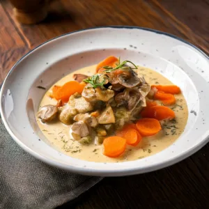 Blanquette de veau traditionnelle dans une cocotte, sauce crémeuse avec champignons et légumes