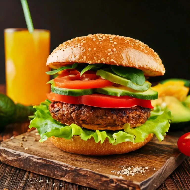 Burger végétarien de forme ronde avec galette aux haricots noirs, servi sur un pain à hamburger briocolé, garni de laitue fraîche, de tranches de tomate rouge.