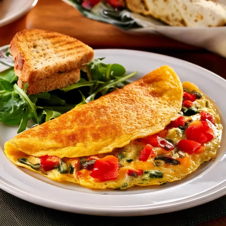 Omelette aux légumes moelleuse et dorée, garnie de poivrons rouges, d’oignons et d’épinards, servie avec du pain grillé et une salade.