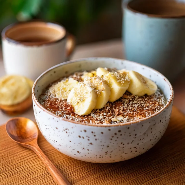 Un bowl cake healthy dans un bol en céramique blanc, garni de tranches de banane fraîches, de graines de chia, de noix de coco râpée, et d'une touche de beurre de cacahuète coulant sur le côté. Le tout est accompagné d'une cuillère en bois et d'une tasse de café, éclairé par une lumière naturelle douce.