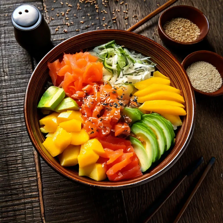 Un poke bowl saumon et avocat coloré et équilibré, avec des cubes de saumon frais, des tranches d'avocat, du riz sushi, des légumes croquants (concombre et carotte), des graines de sésame et une touche de sauce soja, présenté dans un bol sur une table en bois.
