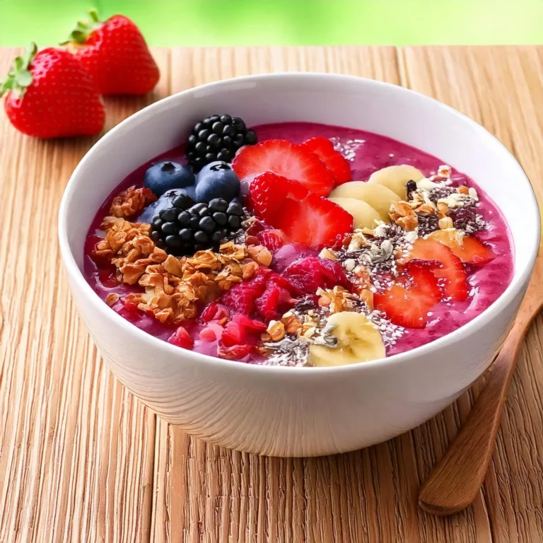Smoothie bowl aux fruits rouges et granola, garni de fruits frais, de noix de coco et de graines, présenté dans un bol blanc.