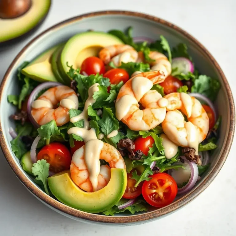 Salad with avocado, shrimp, and cucumber, garnished with cilantro and olive oil, served in a white bowl. Rustic wooden table and glass of white wine in the background.
