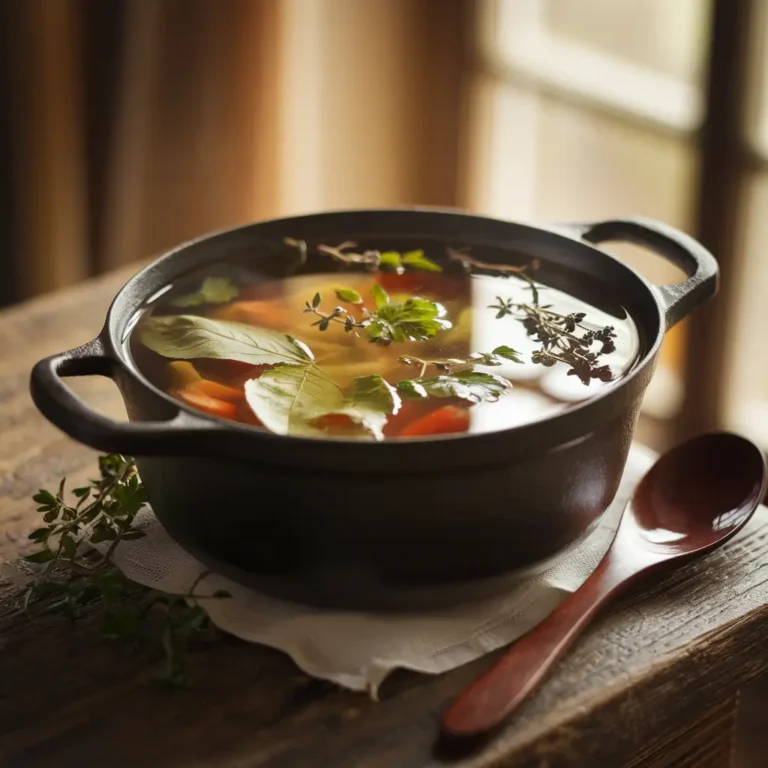 Bouillon maison savoureux avec des restes de légumes dans une casserole sur une table en bois, entouré de légumes frais.