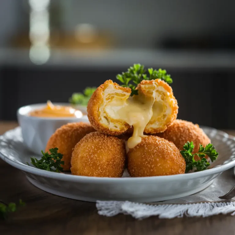 Croquettes de fromage maison dorées et croustillantes, servies avec une sauce dip, posées sur une assiette blanche dans une cuisine moderne.
