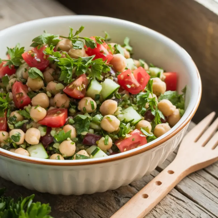 Salade de pois chiches façon taboulé express, avec tomates, concombre, pois chiches et herbes fraîches, dans un bol en céramique.