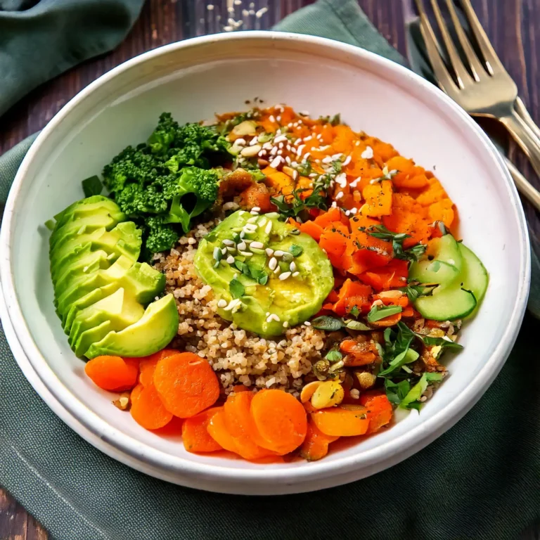 Buddha Bowl protéiné avec quinoa, légumes rôtis, pois chiches, avocat et sauce tahini, dans un bol en céramique.