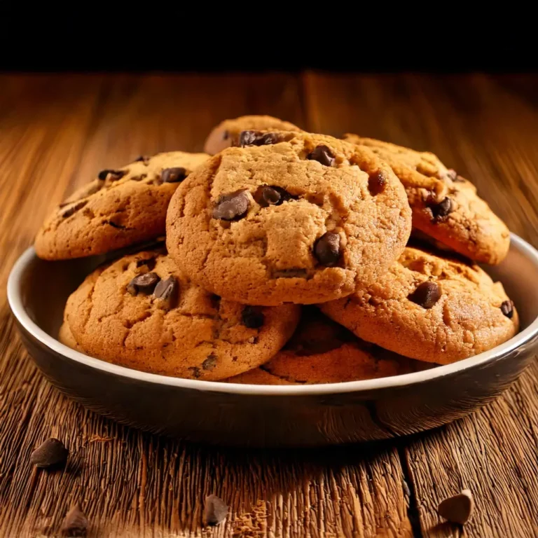 Plat de cookies géants fraîchement cuits sur une surface en bois avec des pépites de chocolat à côté