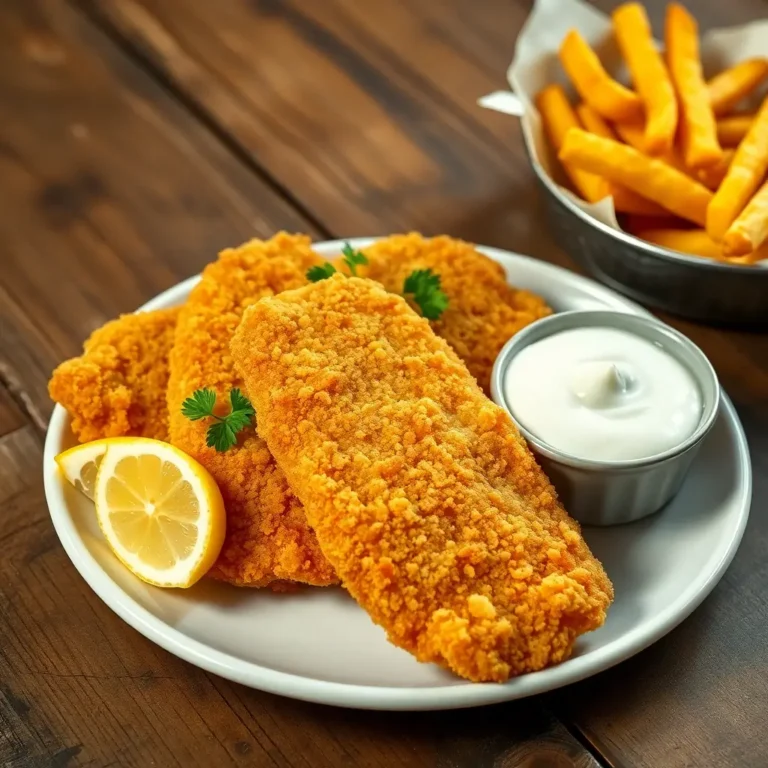 Filets de poisson pané dorés et croustillants, servis avec des quartiers de citron et des frites maison, posés sur une assiette blanche dans une cuisine moderne.