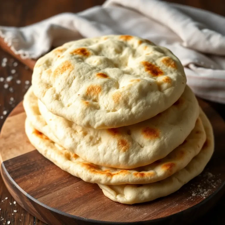 Pains pita maison dorés et gonflés, servis avec des dips méditerranéens (houmous, tzatziki) sur une planche en bois dans une cuisine moderne.