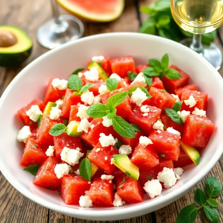 Summer salad with watermelon, avocado, and feta, garnished with mint leaves and olive oil, served in a white bowl. Rustic wooden table and glass of white wine in the background.