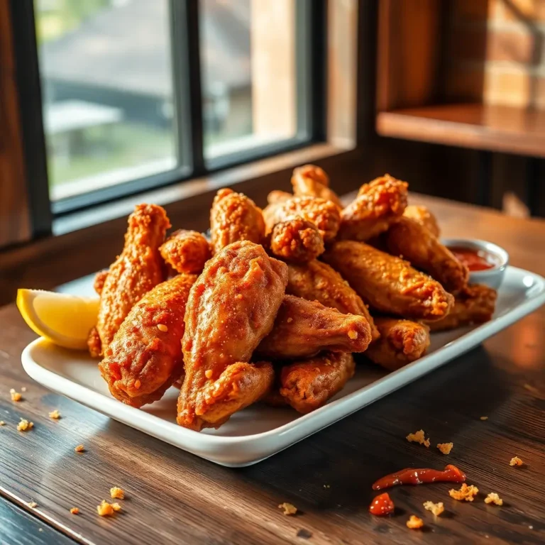 Plat d’ailes de poulet ultra croustillantes sur une assiette blanche, avec une sauce piquante et des tranches de citron.