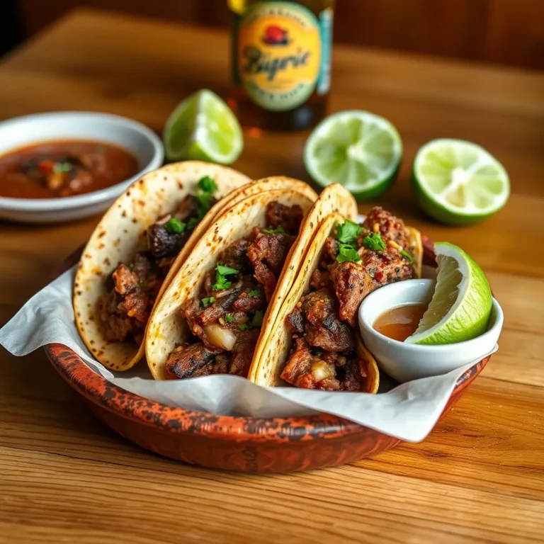Birria Tacos garnis de viande effilochée et de fromage, avec un bol de bouillon et des garnitures fraîches.