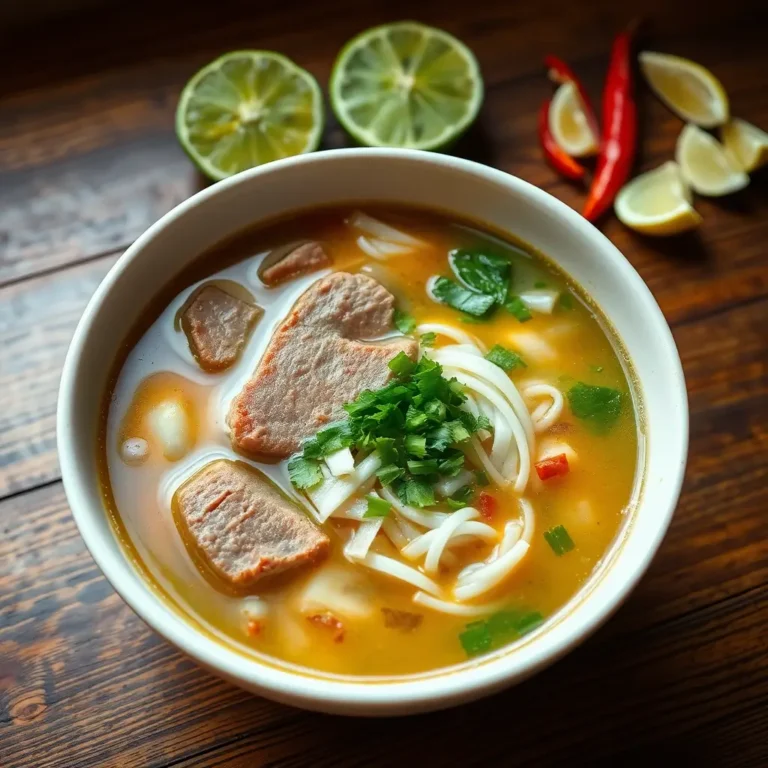 Bol de soupe Pho vietnamienne express, avec bœuf, nouilles de riz et garnitures fraîches.