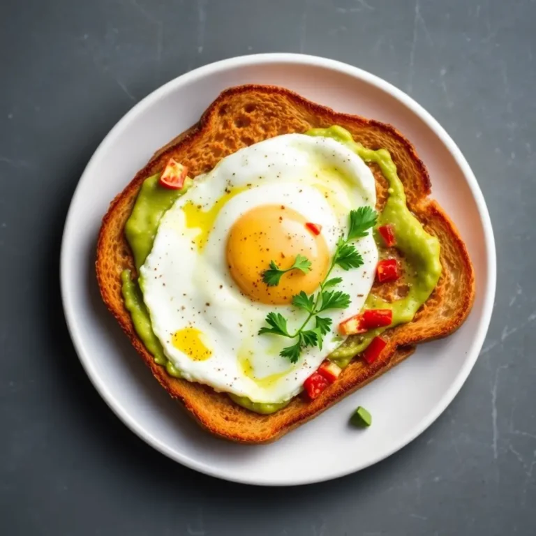 Pain perdu salé à l’avocat et œuf poché, garni de coriandre et de flocons de piment, sur une table en bois.