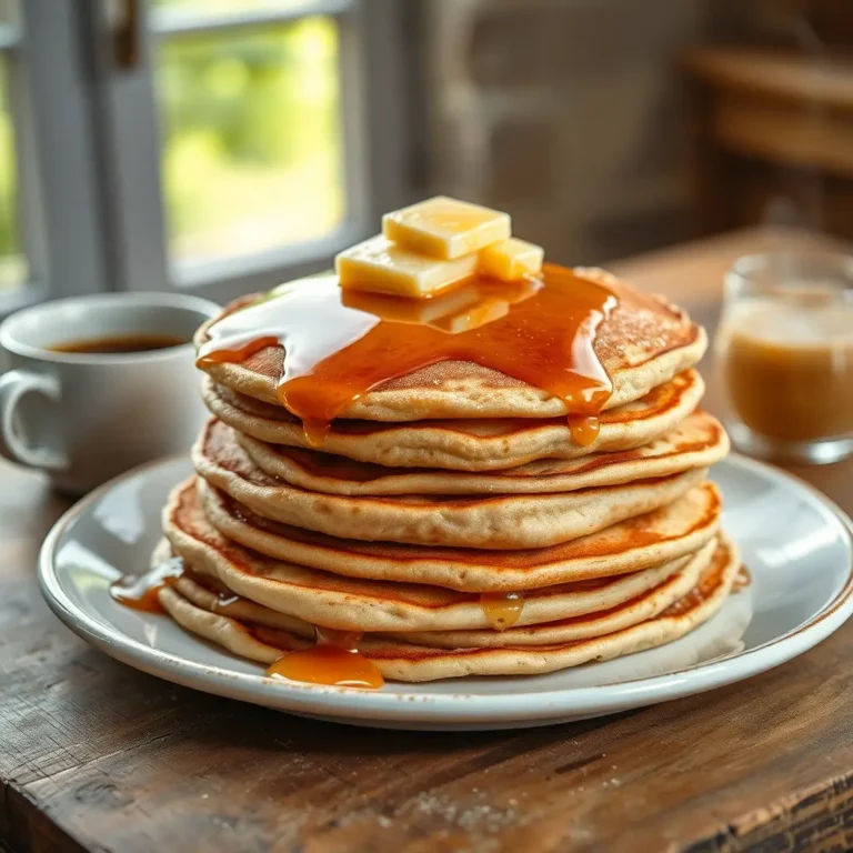 Pile de pancakes moelleux, garnis de sirop d’érable, banane et fraises, sur une assiette blanche.