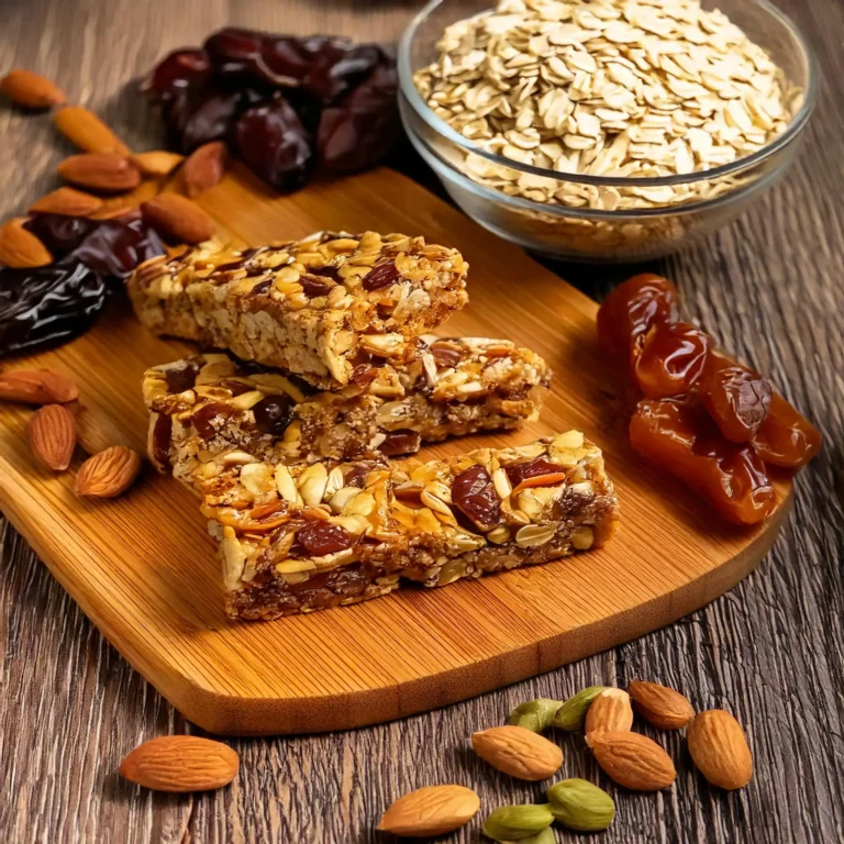 Barres énergétiques maison sans sucre ajouté, avec flocons d'avoine, noix, graines et fruits secs, sur une planche en bois.