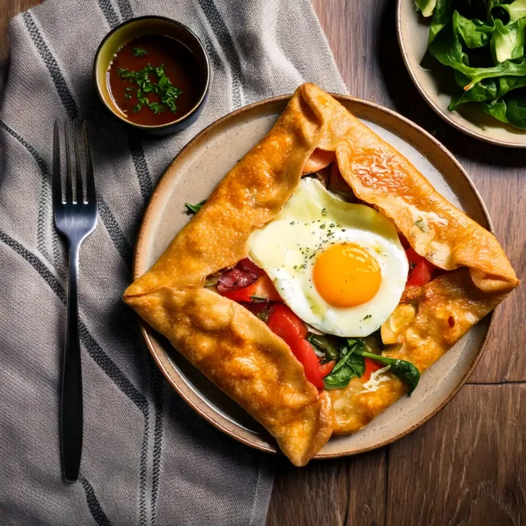 Golden brown galette de sarrasin folded with melted cheese, ham, a fried egg, spinach, and mushrooms, served with a side salad and béchamel sauce.