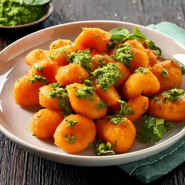 Sweet potato gnocchi with pesto sauce, garnished with Parmesan cheese and basil leaves, served on a white plate. Rustic wooden table and glass of white wine in the background.