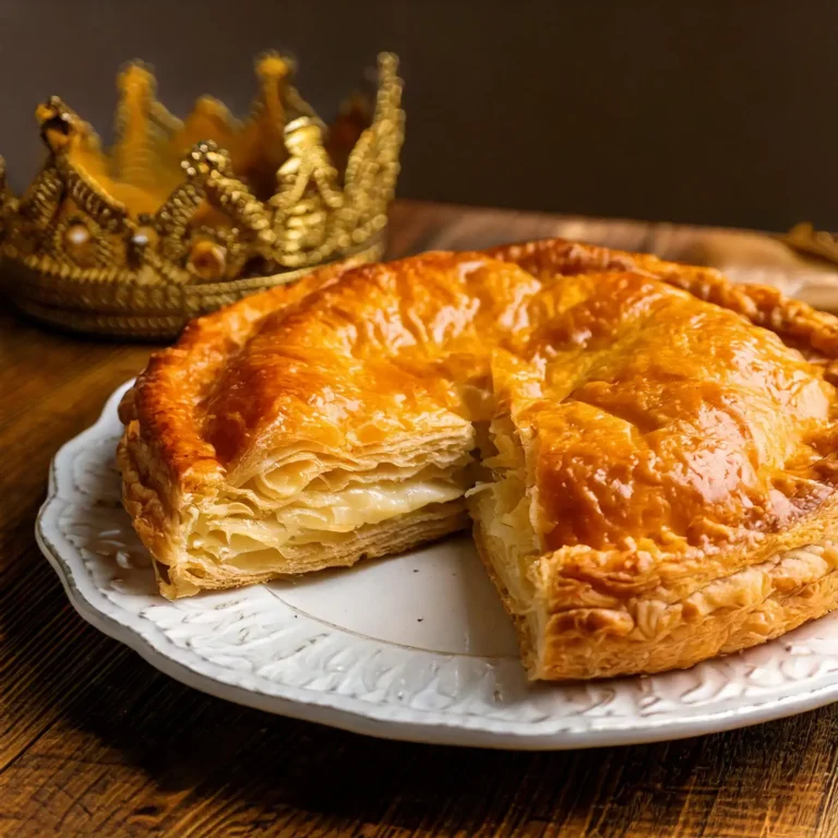 Galette des rois dorée et croustillante, garnie de frangipane, avec une couronne en papier et des amandes effilées.