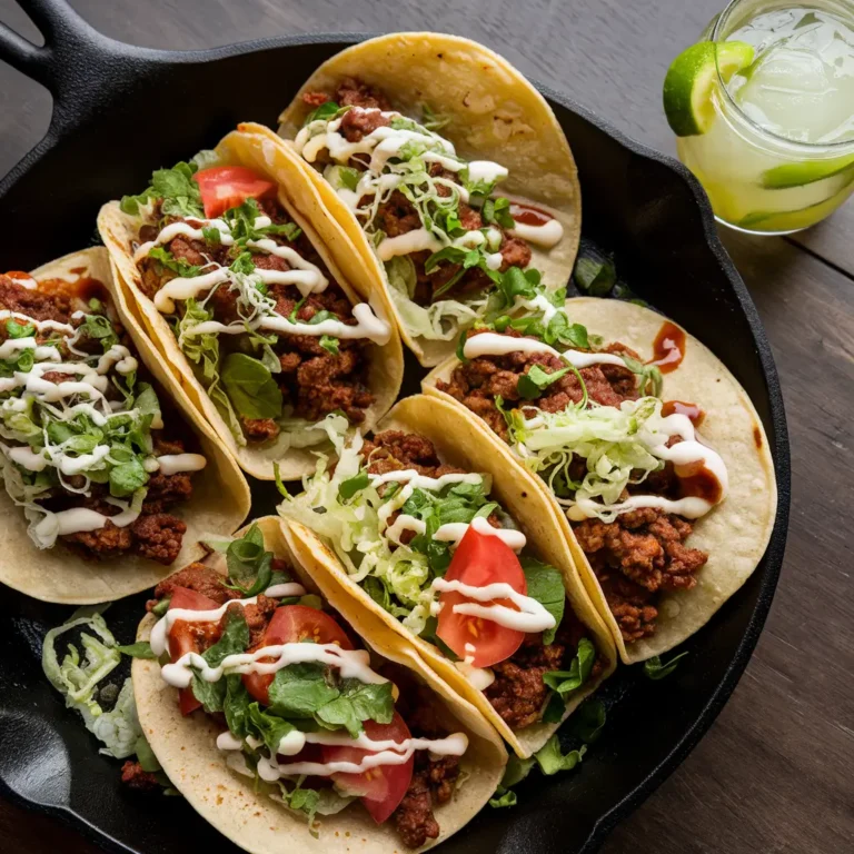 Smash Tacos dorés avec viande croustillante et fromage fondu, garnis de laitue et sauce.