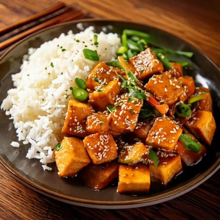 Crispy tofu au miel et sésame, croustillant et brillant, servi avec du riz et des légumes sautés.