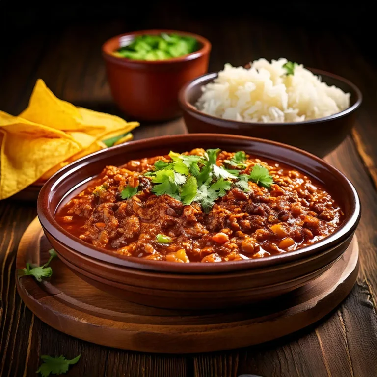 Un bol de chili sin carne végane, garni de coriandre fraîche et d’une tranche de citron vert, accompagné de riz, de chips de tortilla et de guacamole, le tout présenté sur une table en bois rustique.