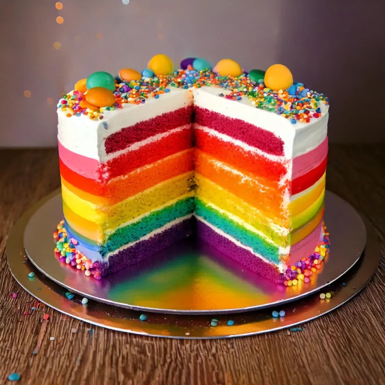 Gâteau d’anniversaire Rainbow Cake avec six couches colorées, glaçage blanc, et décorations festives.