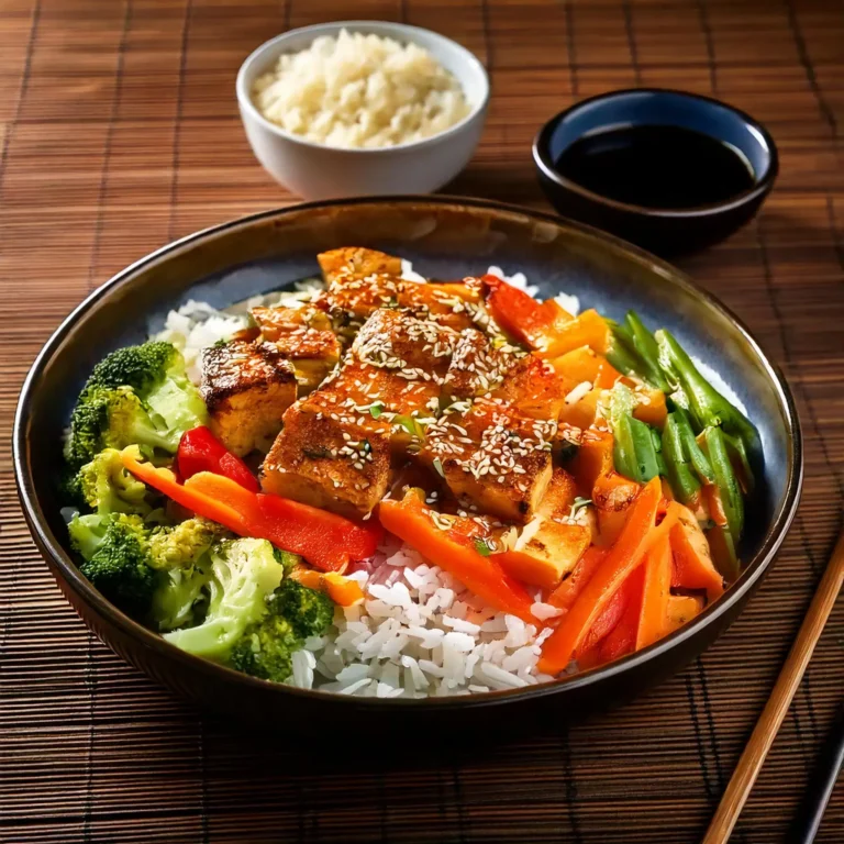 Tofu grillé mariné à l’asiatique, servi avec du riz basmati et des légumes sautés, garni de graines de sésame.