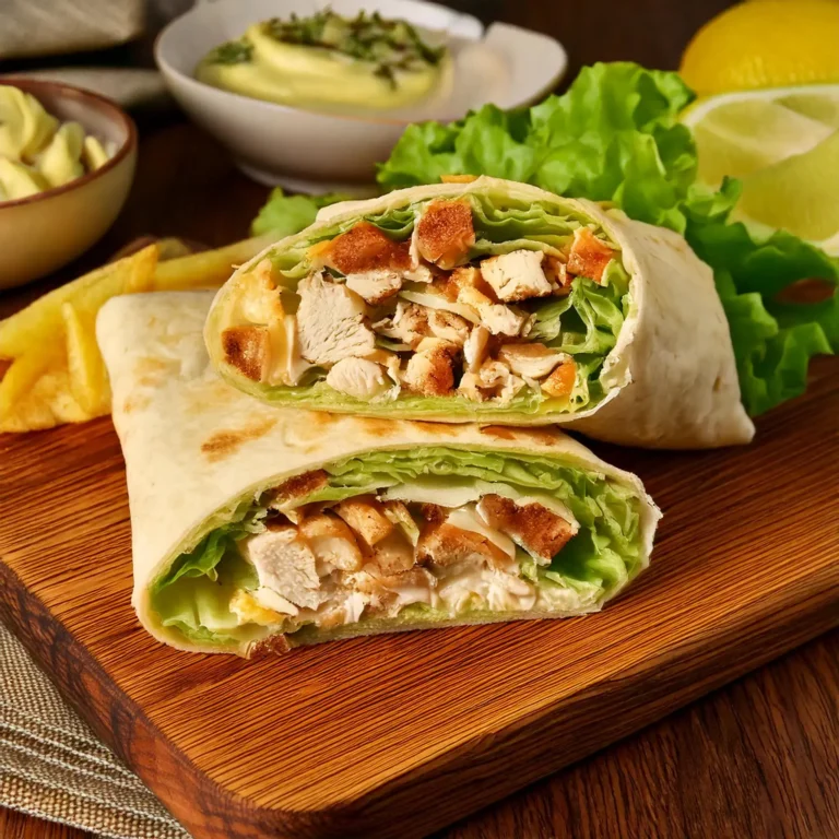 Wrap poulet-caesar maison coupé en deux, garni de poulet, laitue, croûtons et sauce caesar, sur une planche en bois.