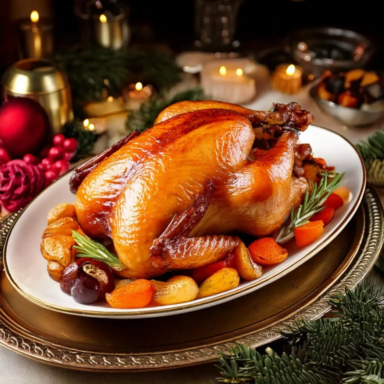 Dinde de Noël farcie aux marrons, dorée et croustillante, servie avec des légumes rôtis et des herbes aromatiques.