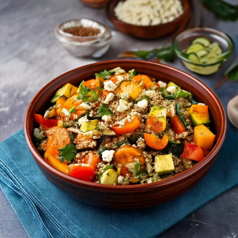 Salade de quinoa et légumes rôtis avec feta, noix et vinaigrette, dans un bol en céramique.