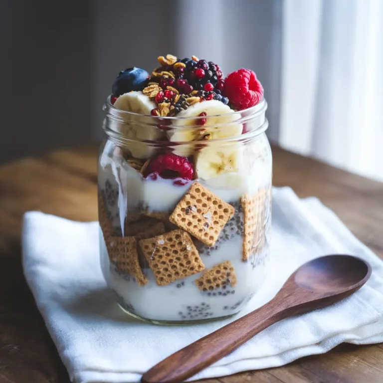 Overnight Weetabix dans un bocal en verre, avec banane, baies et granola, prêt à déguster.