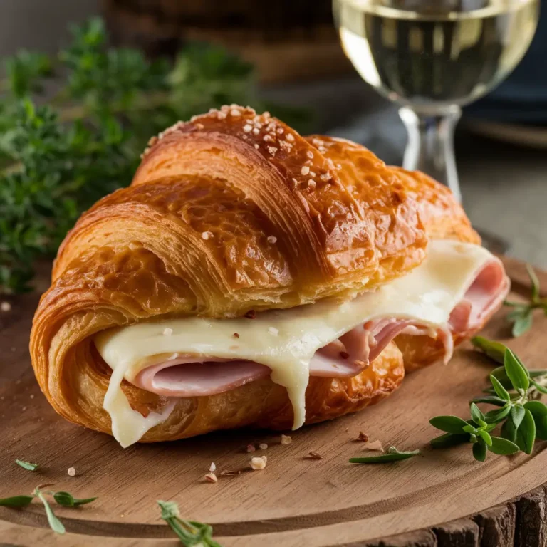 Croissant salé fourré au fromage et jambon, doré et croustillant, avec fromage fondu qui s’échappe, sur une planche en bois.