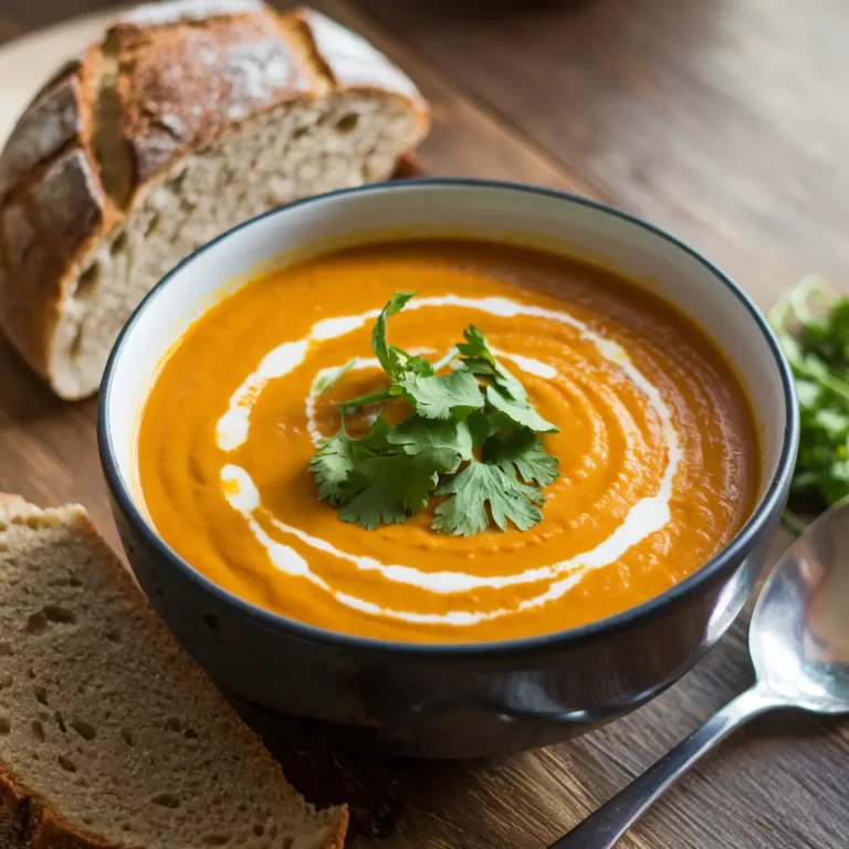 Soupe détox au gingembre et curcuma, veloutée et garnie de coriandre, dans un bol en céramique.