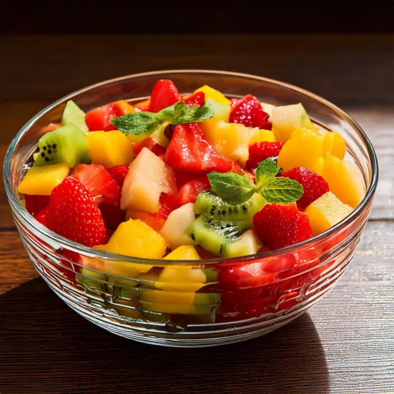 Salade de fruits d’été rafraîchissante avec pastèque, mangue, fraises, kiwis, ananas et grenade, décorée de menthe fraîche.