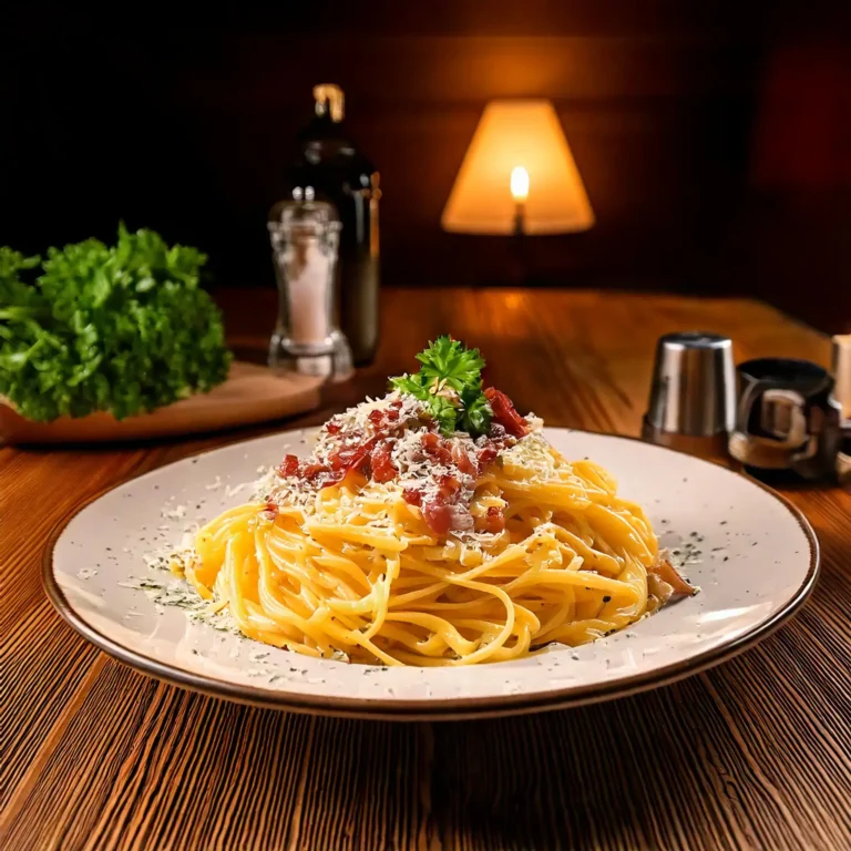 Assiette de pâtes carbonara express avec lardons, parmesan et persil, servie sur une table en bois.
