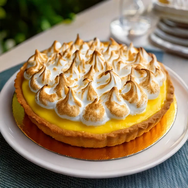 Tarte au citron meringuée avec une meringue dorée et une garniture crémeuse au citron, sur une pâte sablée, servie dans une assiette blanche.