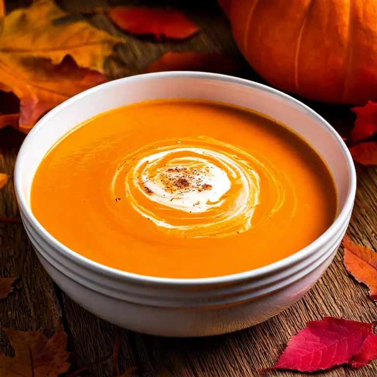 Soupe de potimarron à l’automne, veloutée et orangée, décorée avec des graines de courge et de la crème liquide.