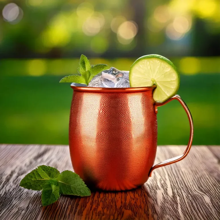 Moscow Mule cocktail in a copper mug, filled with ice, vodka, ginger beer, and lime juice, garnished with a lime slice and mint. Rustic wooden table in the background.