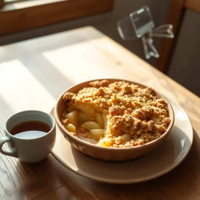 Crumble aux pommes doré et croustillant, dans un plat en céramique, avec une boule de glace à la vanille.