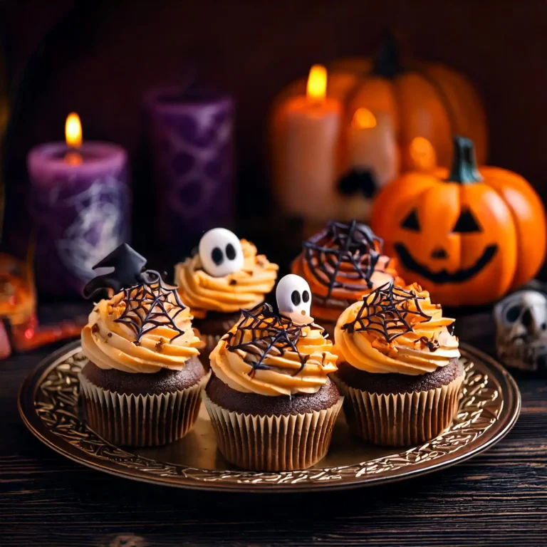 Cupcakes décorés pour Halloween avec glaçages colorés, fantômes, toiles d’araignée et bonbons en forme d’yeux.